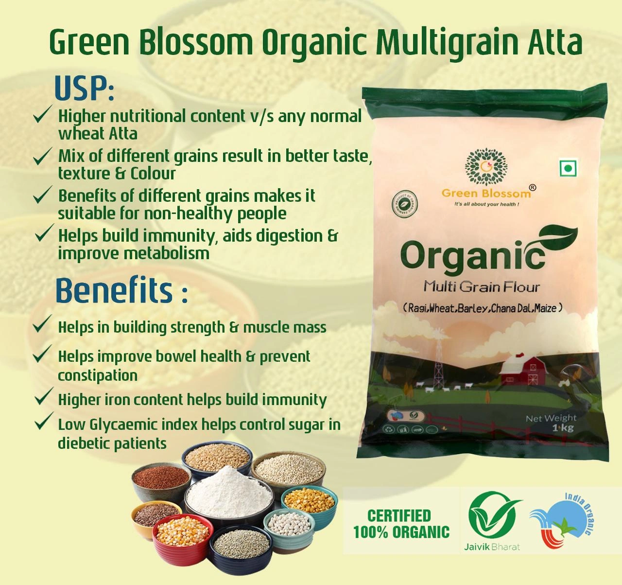 Organic Multi Grain Flour - 1 Kg (Pack of 1) I Green Blossom-1kg-1