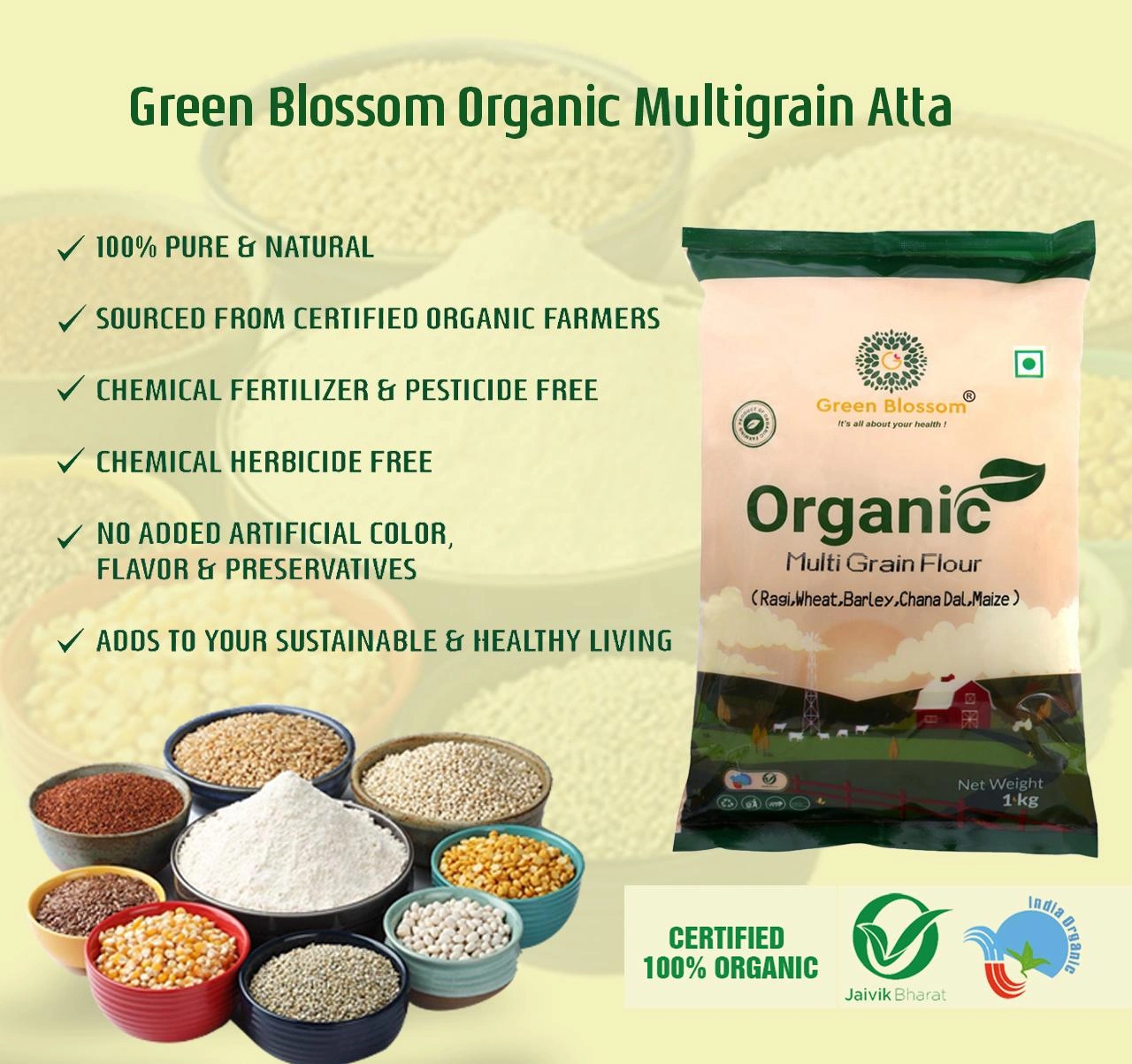 Organic Multi Grain Flour - 1 Kg (Pack of 1) I Green Blossom-1kg-2