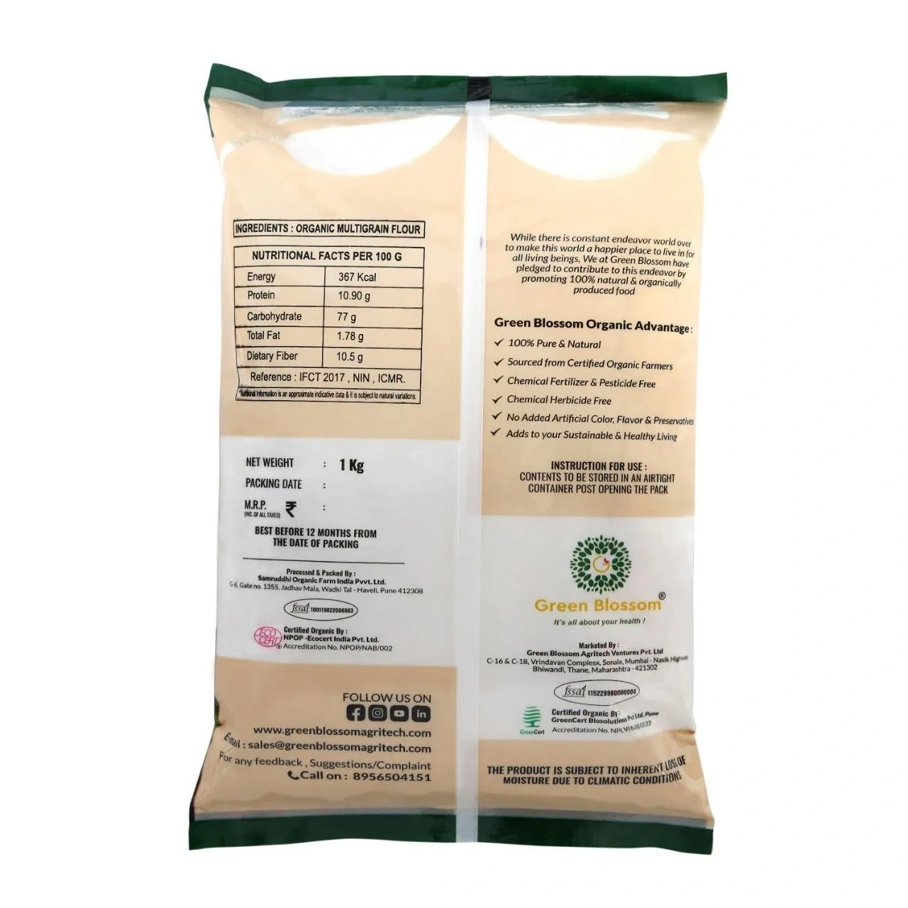 Organic Multi Grain Flour - 1 Kg (Pack of 1) I Green Blossom-1kg-3