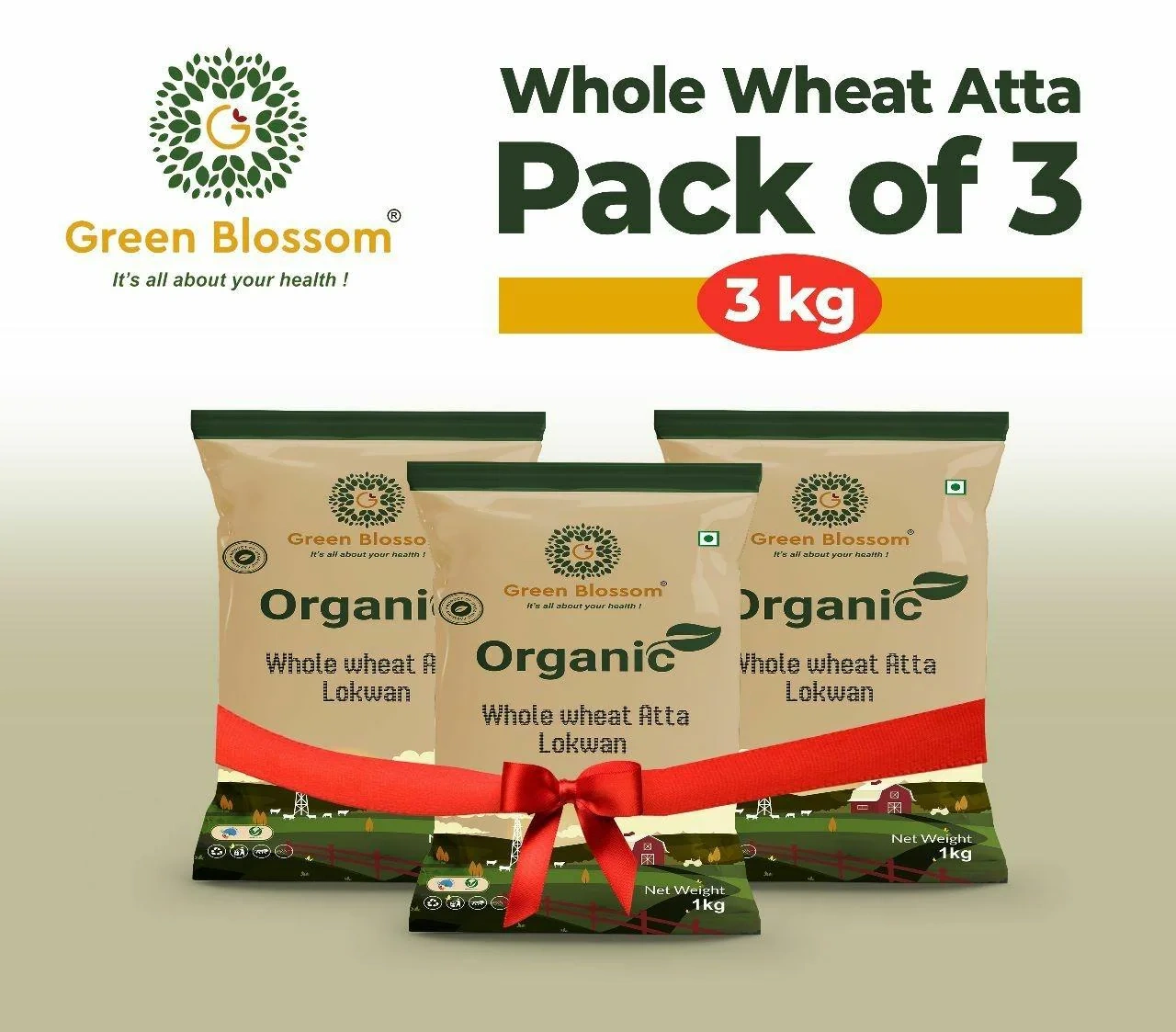 Organic Wheat Flour (Lokwan Atta) - 3 Kg (1 Kg, Pack of 3) I Green Blossom-RVATYTORZA