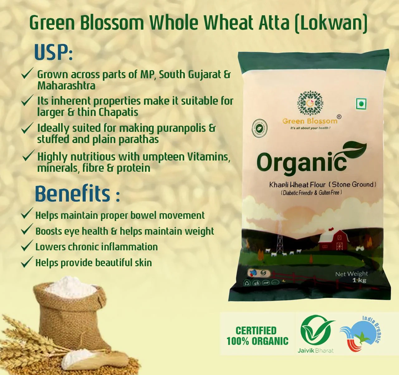 Organic Wheat Flour (Lokwan Atta) - 3 Kg (1 Kg, Pack of 3) I Green Blossom-3kg-1