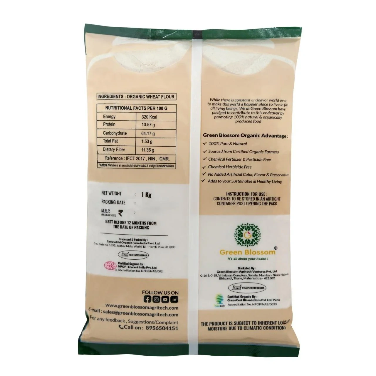 Organic Wheat Flour (Lokwan Atta) - 3 Kg (1 Kg, Pack of 3) I Green Blossom-3kg-2