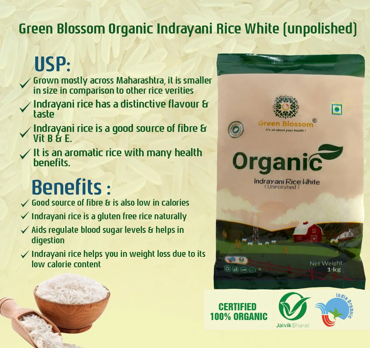 Organic Indrayani Rice (White) - 5 Kg (1 Kg, Pack of 5) I Green Blossom I Unpolished-1