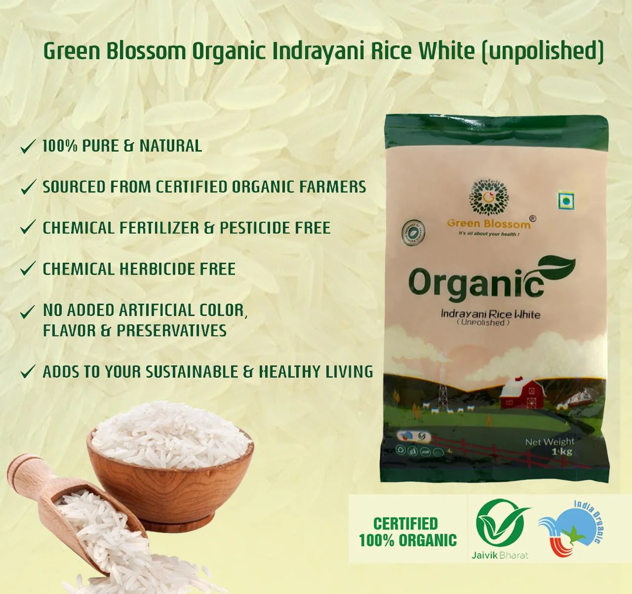 Organic Indrayani Rice (White) - 5 Kg (1 Kg, Pack of 5) I Green Blossom I Unpolished-2