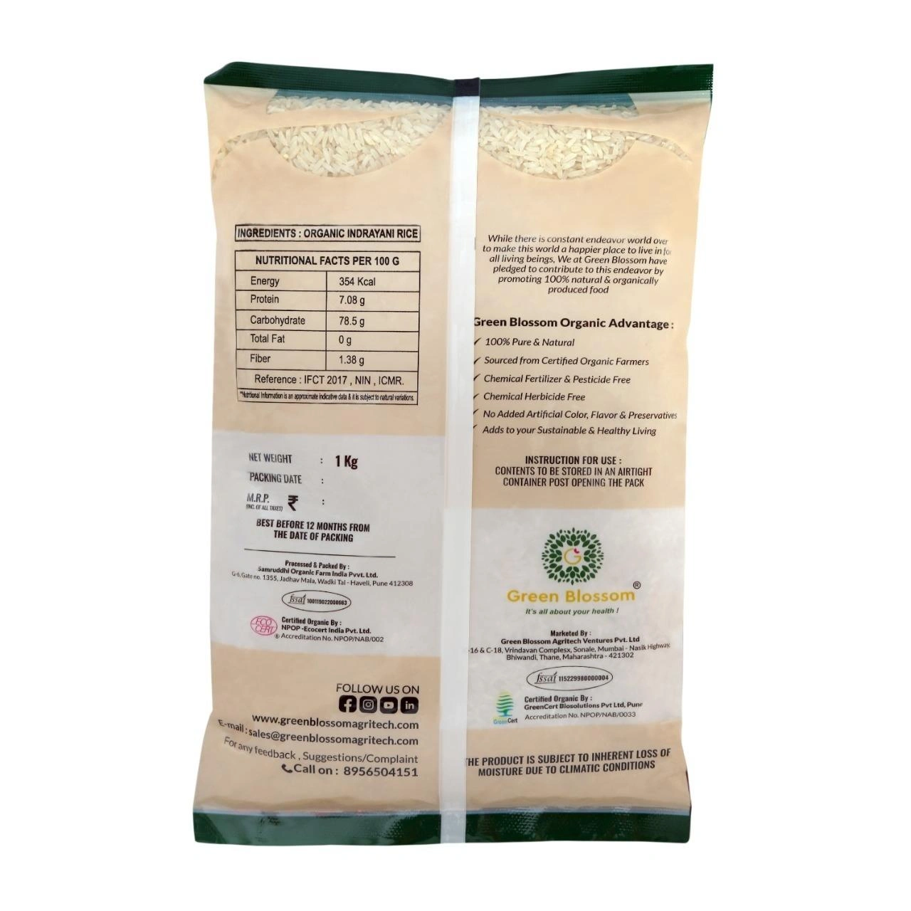 Organic Indrayani Rice (White) - 5 Kg (1 Kg, Pack of 5) I Green Blossom I Unpolished-3