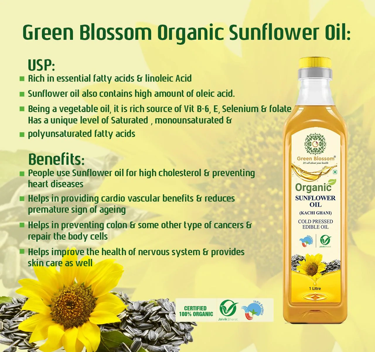 Organic Sunflower Oil ( Kachi Ghani) - 1 Ltr I Cold Press I Green Blossom-1L-1