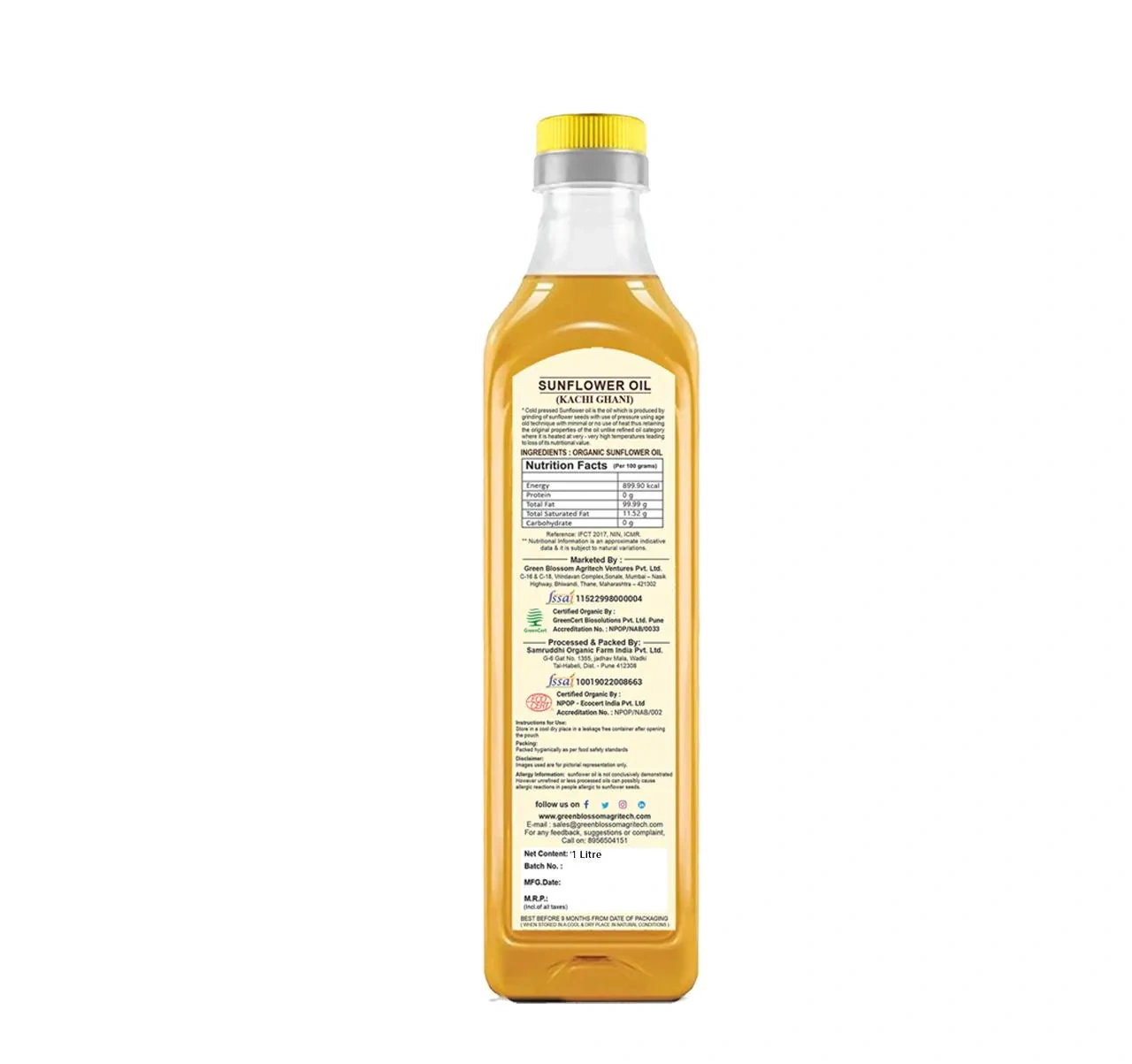 Organic Sunflower Oil ( Kachi Ghani) - 1 Ltr I Cold Press I Green Blossom-1L-3