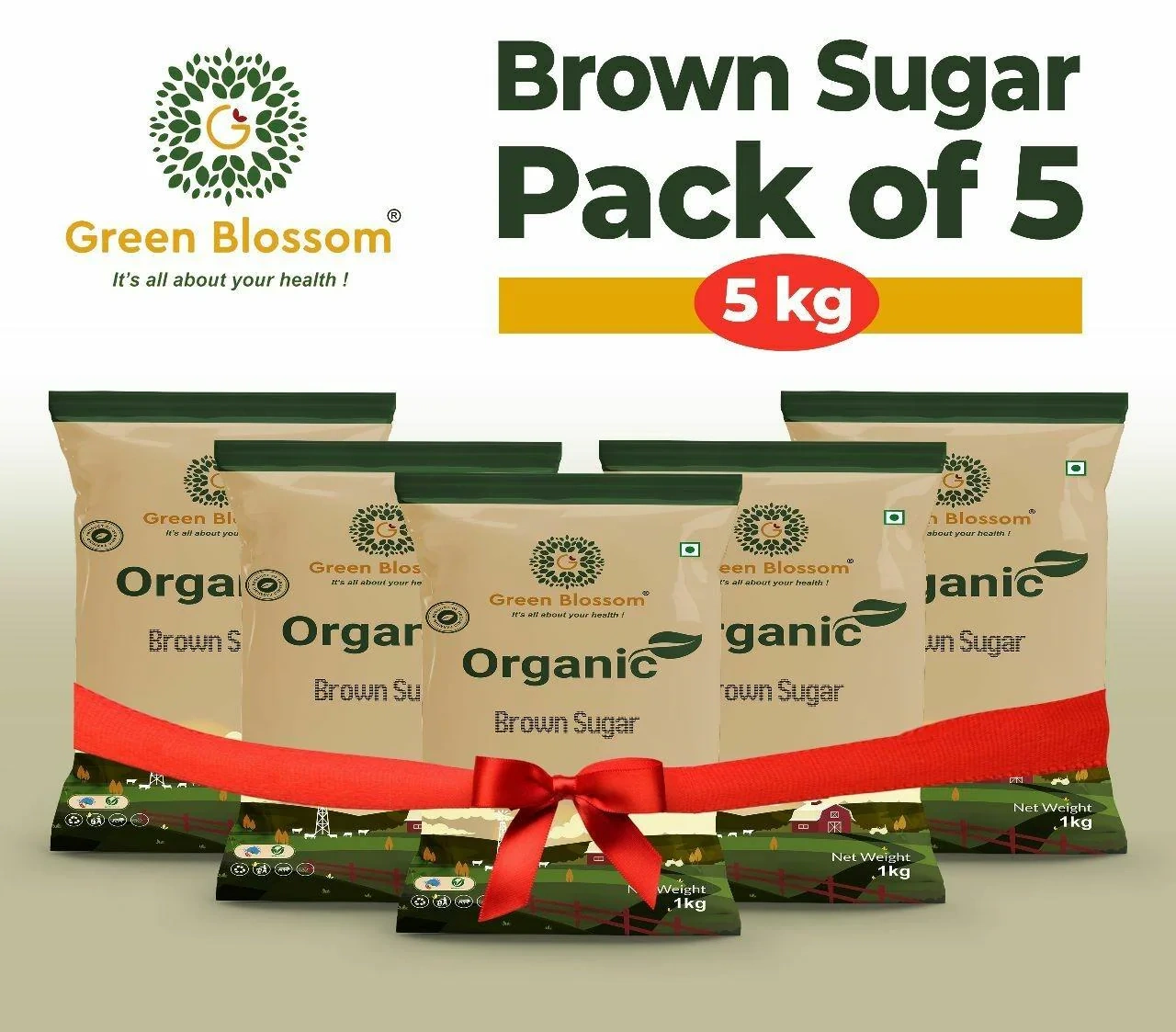 Organic Brown Sugar - 5 Kg (1 Kg, Pack of 5) I Green Blossom-RVXLUBGEYY