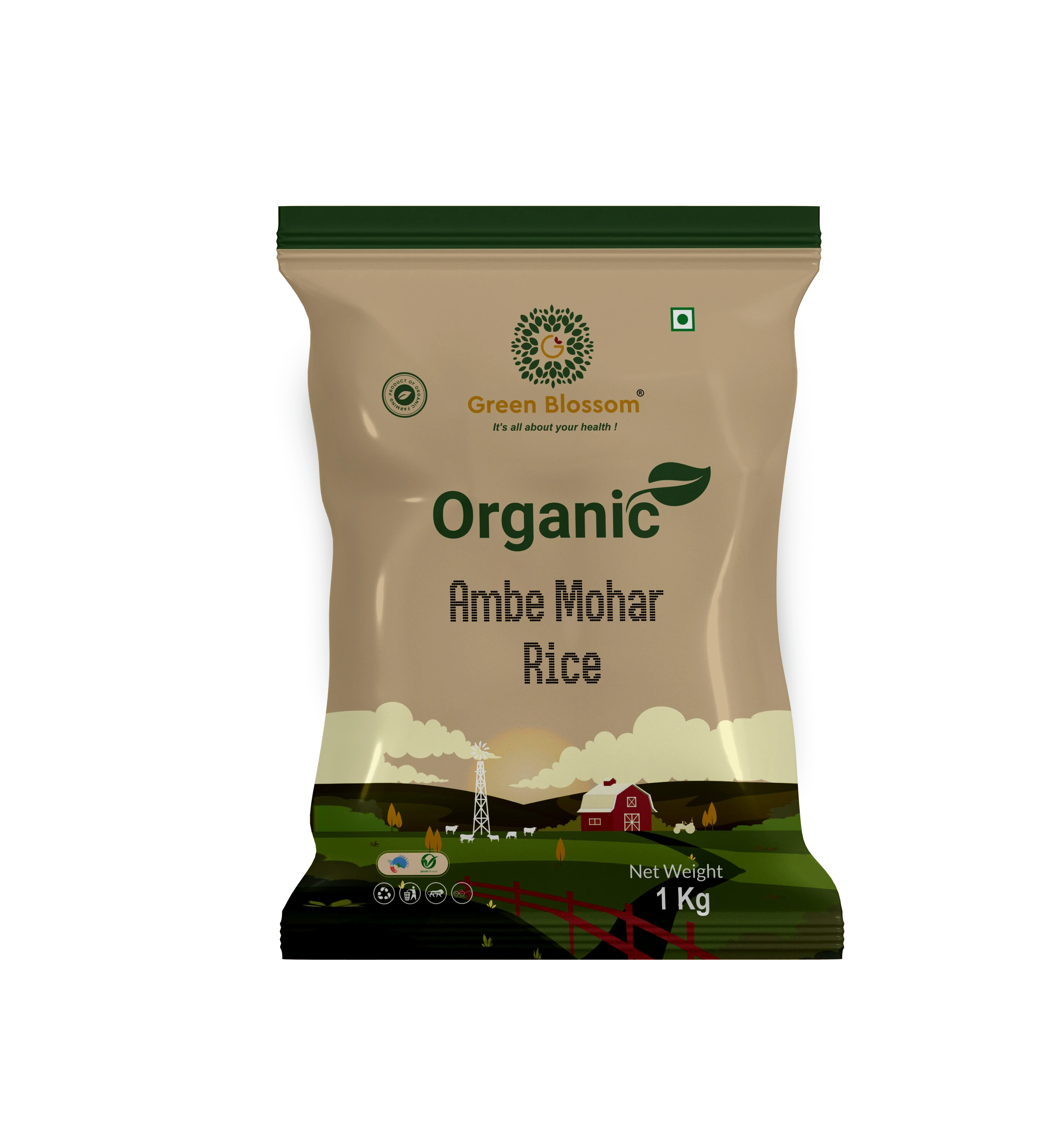 Organic Ambe Mohar Rice - 3 Kg (1 Kg, Pack of 3)I Green Blossom-1