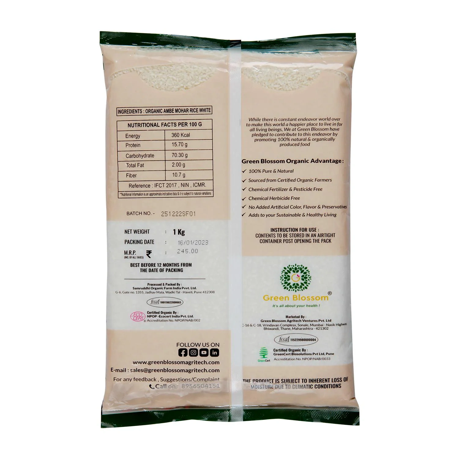 Organic Ambe Mohar Rice - 3 Kg (1 Kg, Pack of 3)I Green Blossom-2