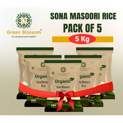 Organic Sona Masoori Rice (White) - 5 Kg (1 Kg, Pack of 5) I Green Blossom