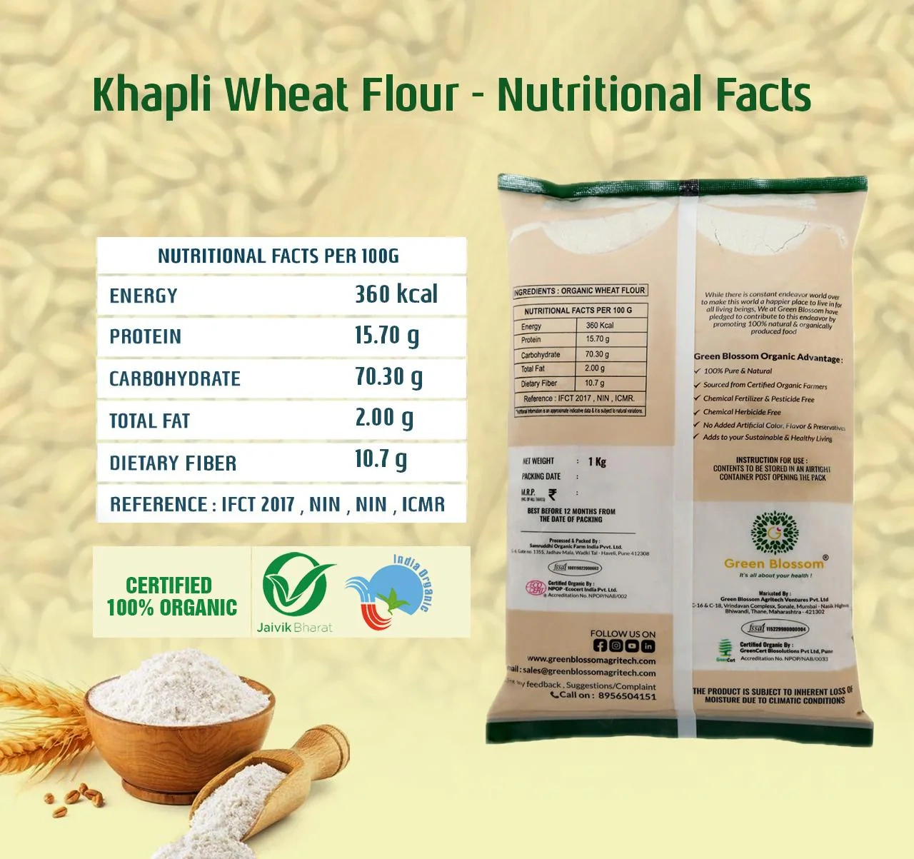 Khapli / Emmar  Whole Wheat  Flour - 10 Kg ( Pack of 10, 1Kg , Stone Grind) I Green Blossom-10kg-1