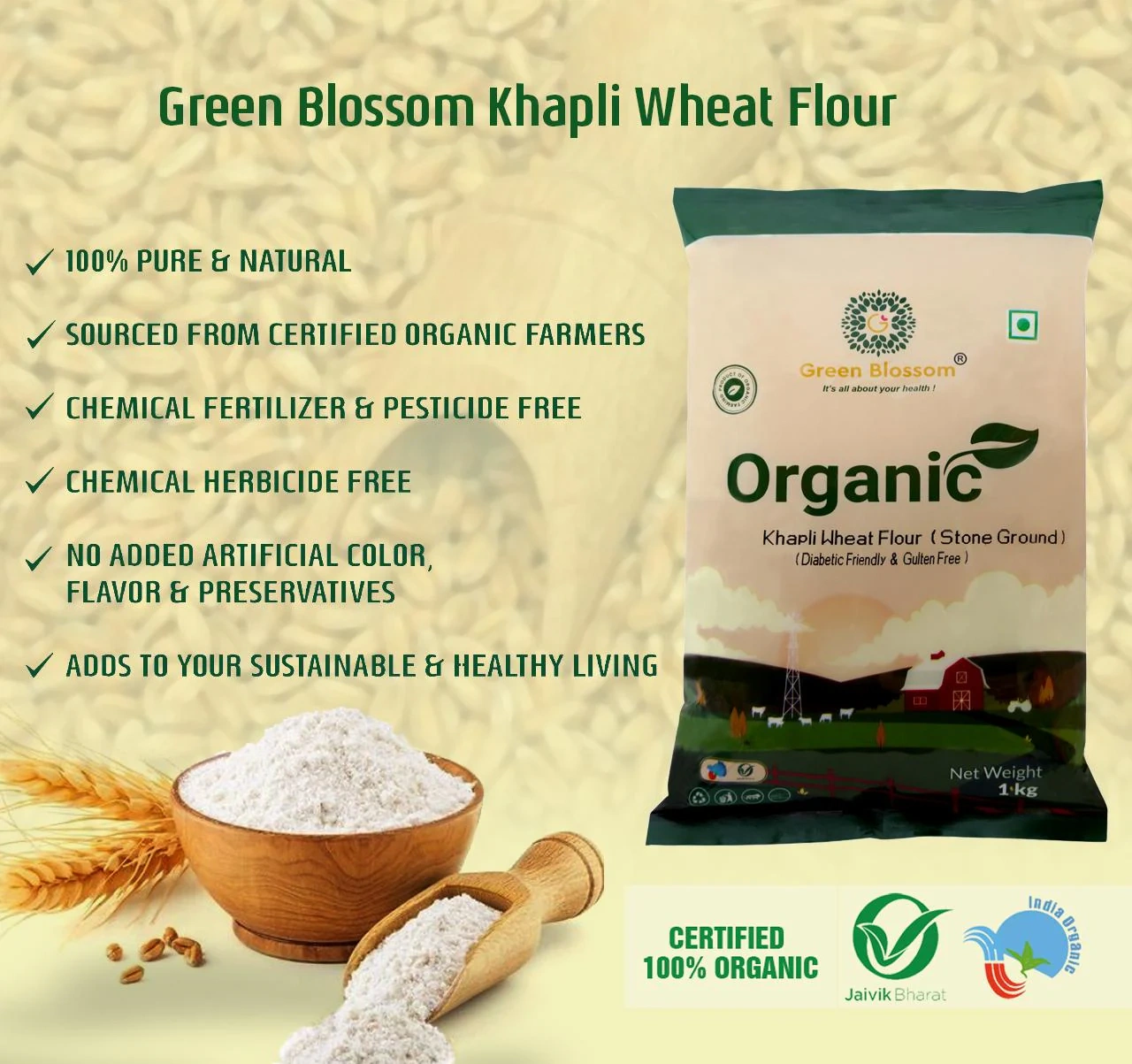 Khapli / Emmar  Whole Wheat  Flour - 10 Kg ( Pack of 10, 1Kg , Stone Grind) I Green Blossom-10kg-3