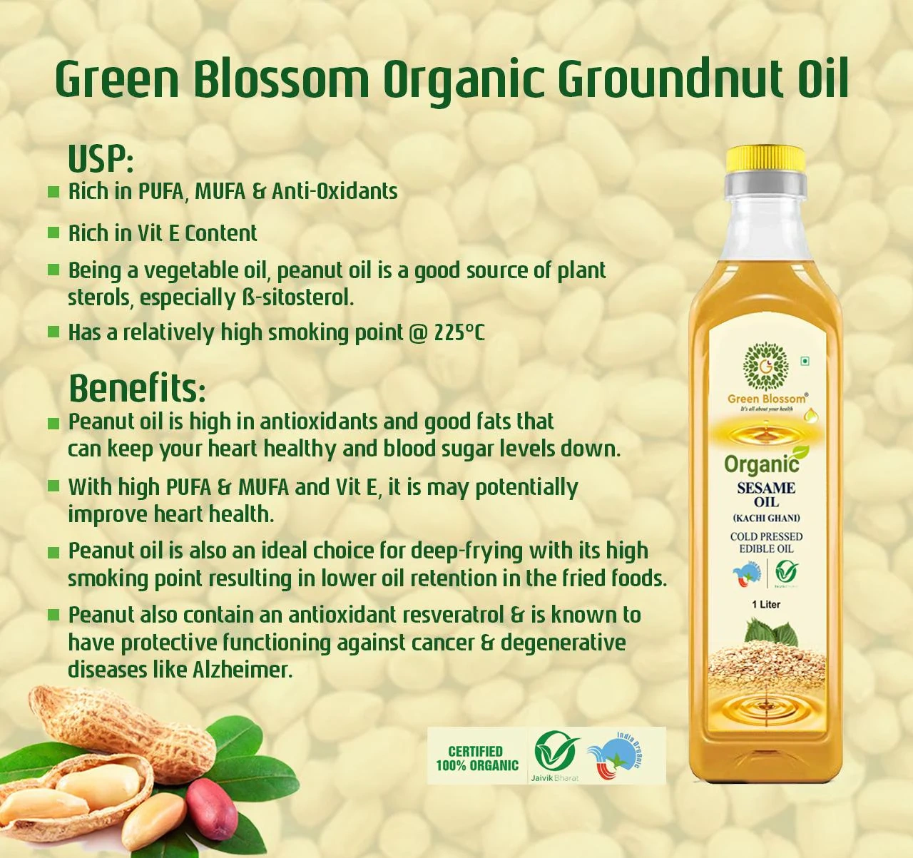 Organic Groundnut Oil ( Kachi Ghani) - 1 Ltr (Pack of 1) I Green Blossom-1L-1