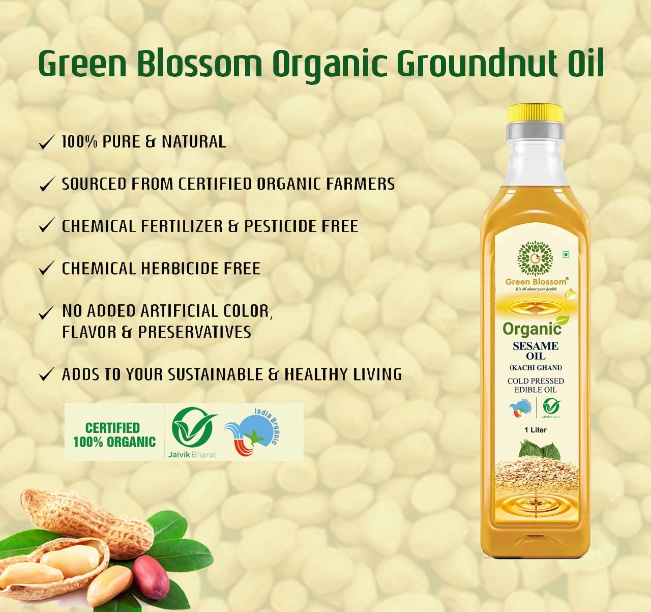 Organic Groundnut Oil ( Kachi Ghani) - 1 Ltr (Pack of 1) I Green Blossom-1L-2