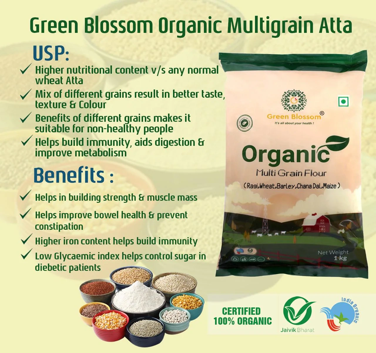 Organic Multi Grain Flour / Atta - 10 Kg ( Pack of 10, 1 Kg ) I Green Blossom-10kg-1