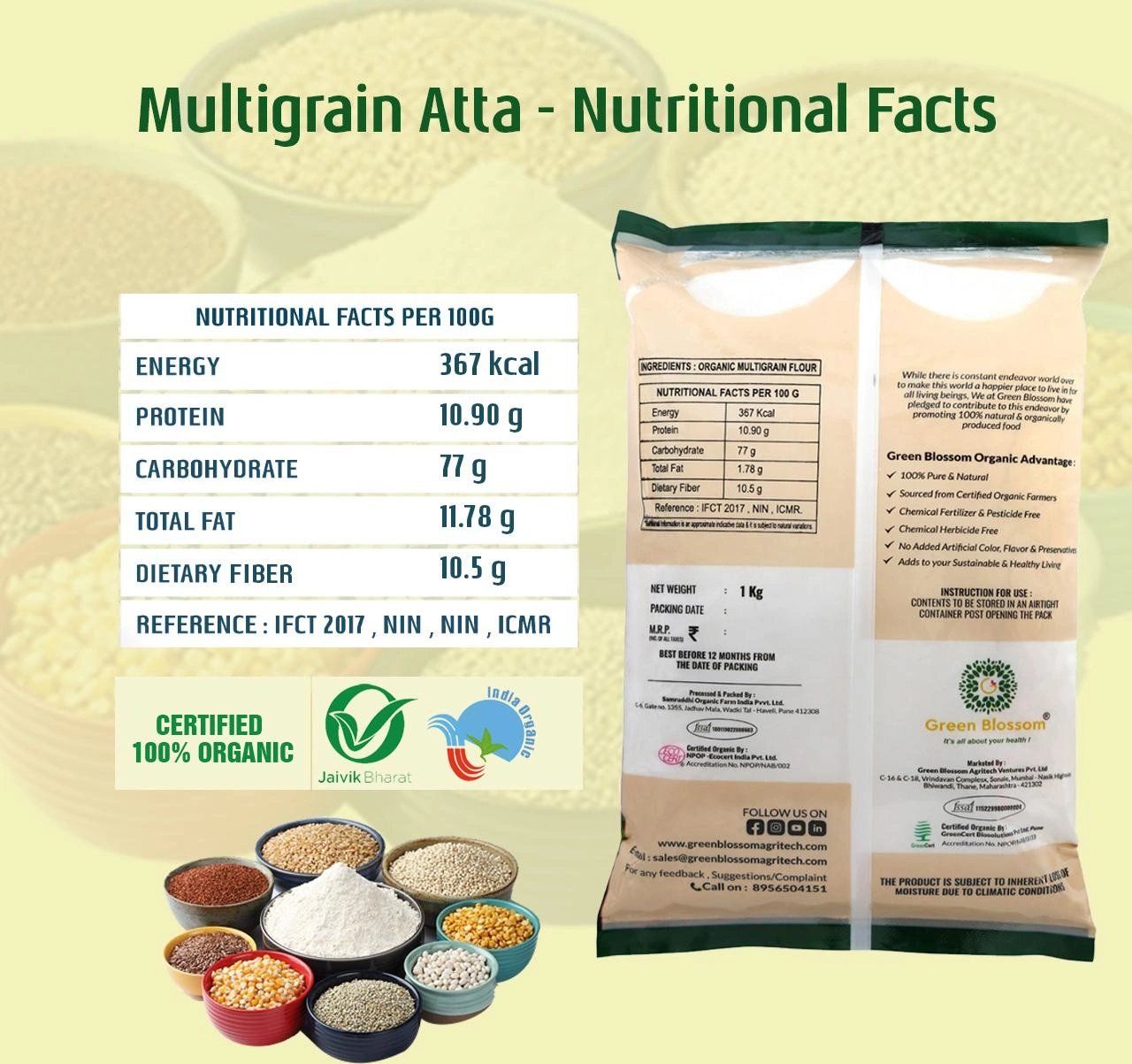 Organic Multi Grain Flour / Atta - 10 Kg ( Pack of 10, 1 Kg ) I Green Blossom-10kg-2