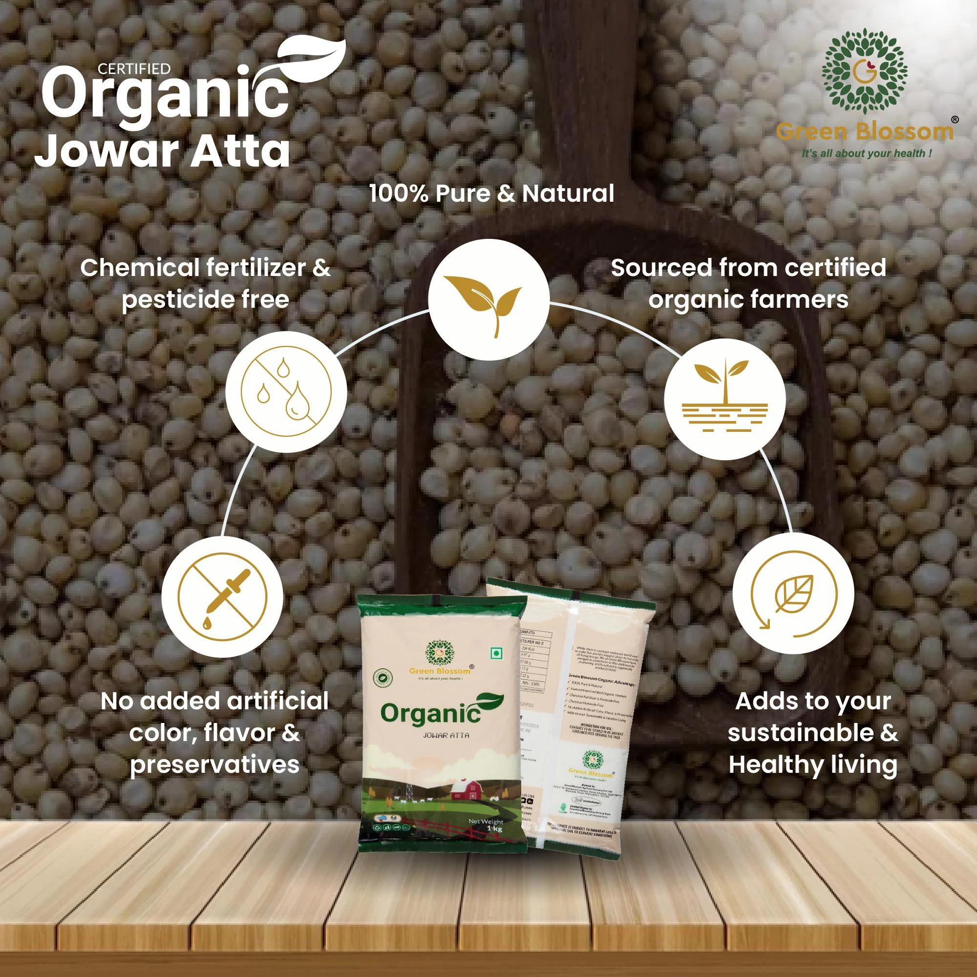 Organic Jowar Atta / Sorghum Flour - 10 Kg (Pack of 10, 1 Kg) I Green Blossom-10kg-3