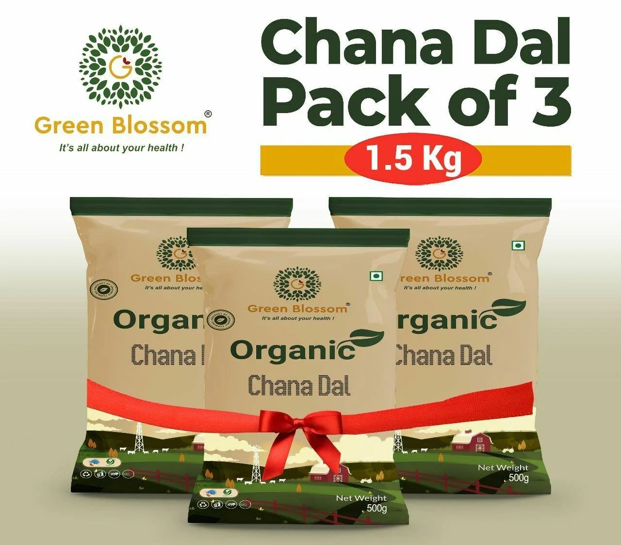 Organic Chana Dal / Split Bengal Gram - 1.5 Kg (500 gms, Pack of 3) I Unpolished I Green Blossom-RVKTKVJ02H