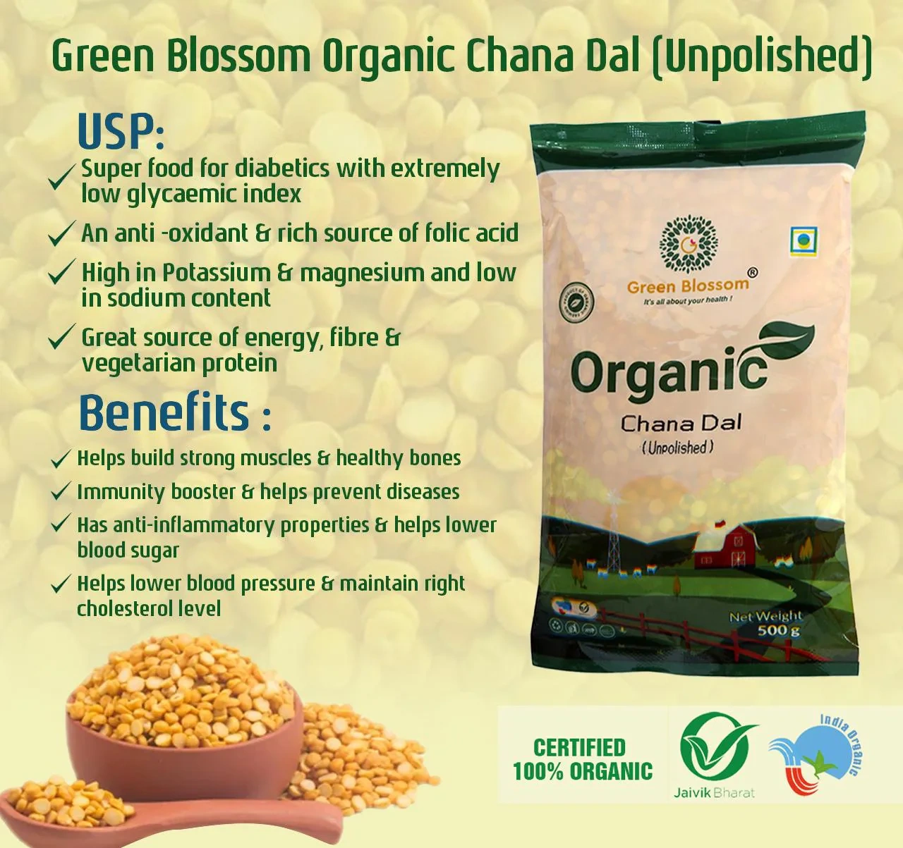 Organic Chana Dal / Split Bengal Gram - 1.5 Kg (500 gms, Pack of 3) I Unpolished I Green Blossom-1.5kg-1