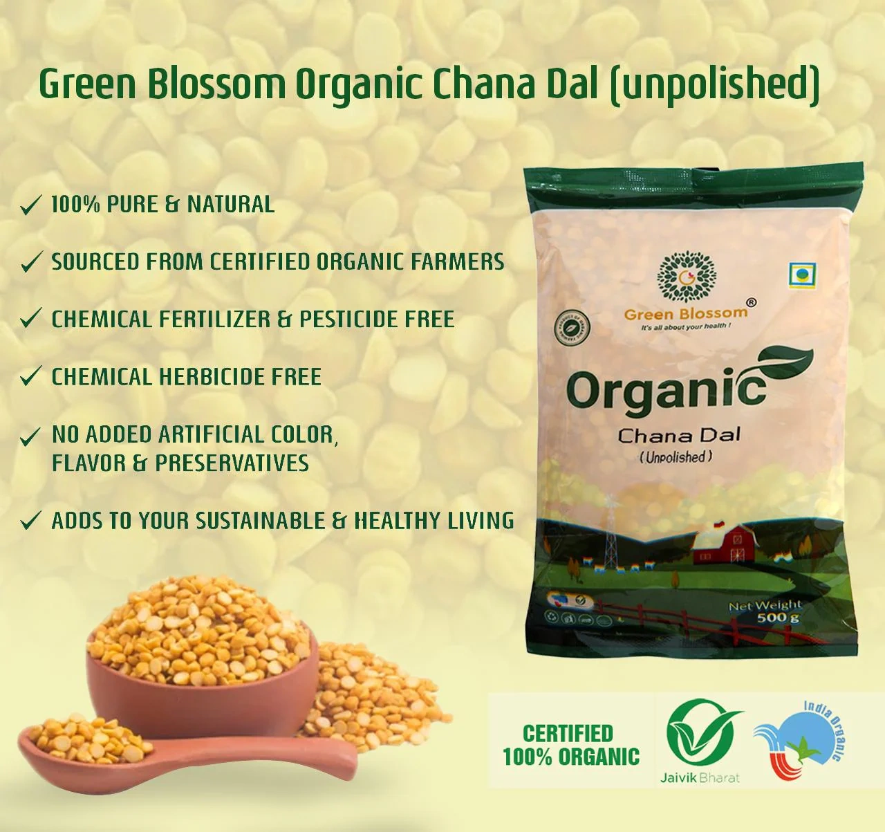 Organic Chana Dal / Split Bengal Gram - 1.5 Kg (500 gms, Pack of 3) I Unpolished I Green Blossom-1.5kg-3