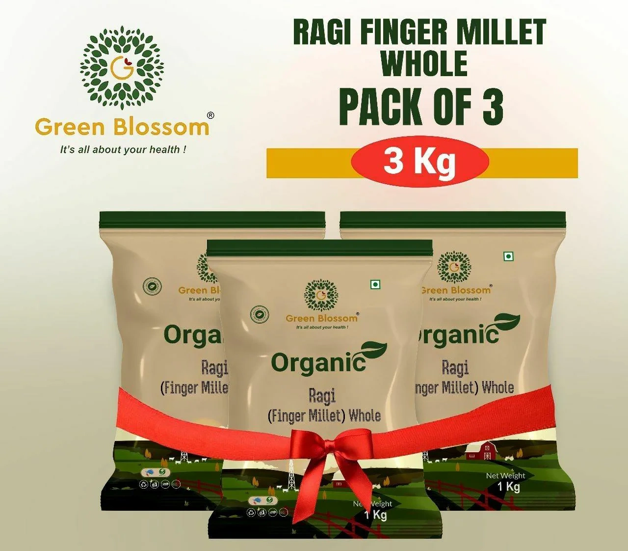 Organic Ragi Atta / Finger Millet Flour - 3 Kg (1 Kg, Pack of 3) I Green Blossom-RVCIE17MIU