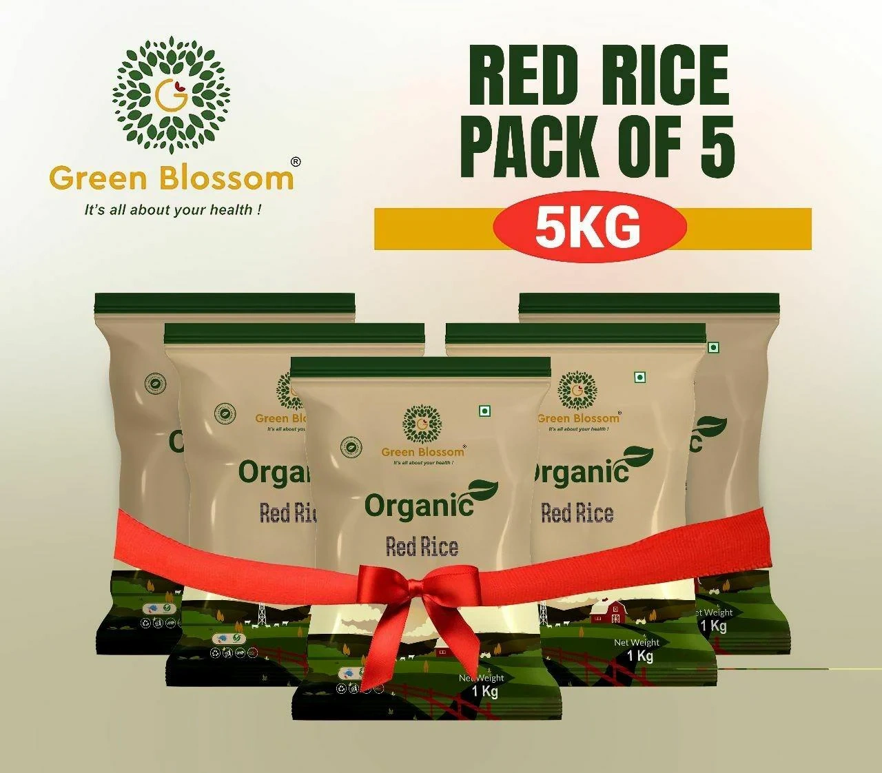 Organic Red Rice - 5 Kg (1 Kg, Pack of 5) I Unpolished I Green Blossom-RVYDLQA5HH