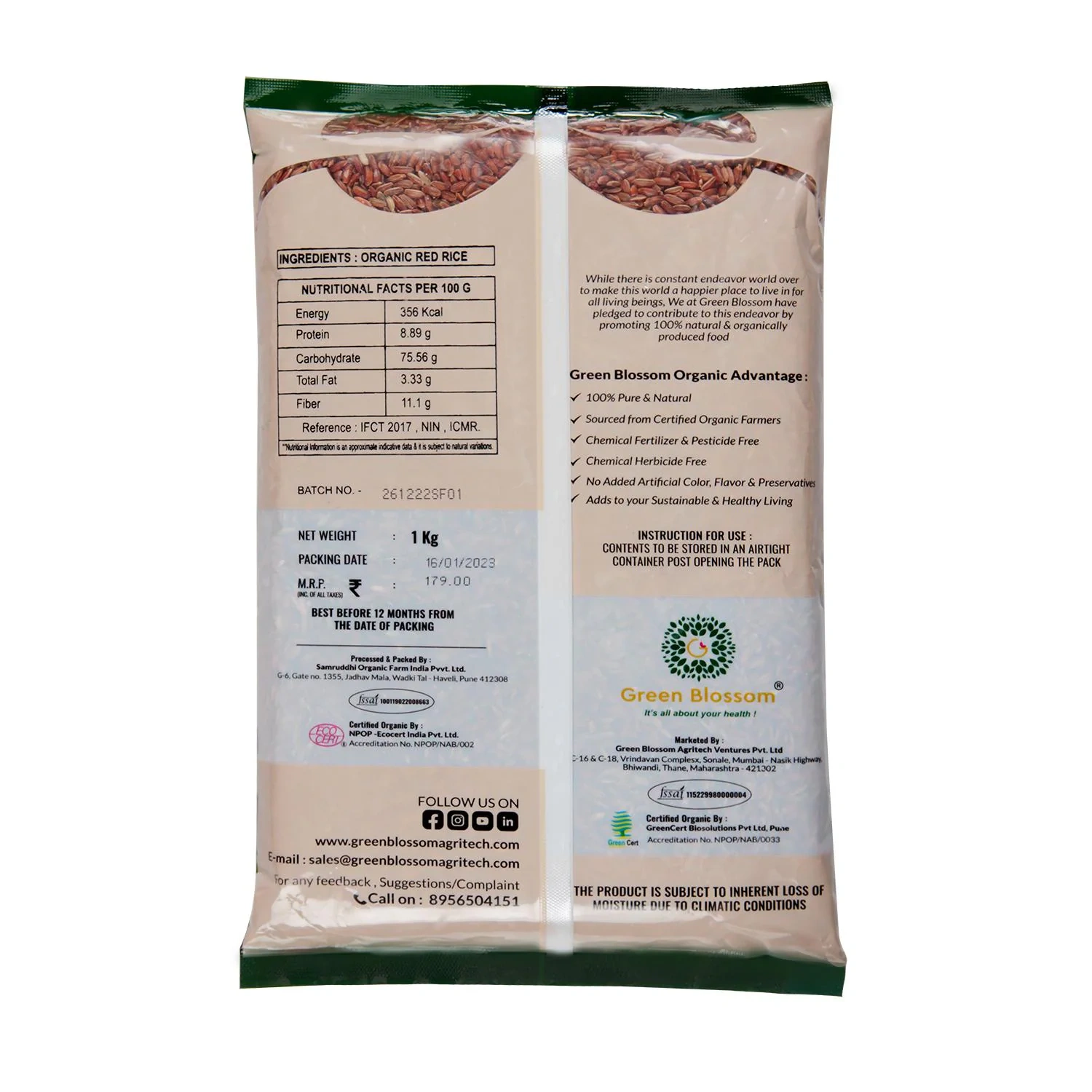 Organic Red Rice - 5 Kg (1 Kg, Pack of 5) I Unpolished I Green Blossom-5