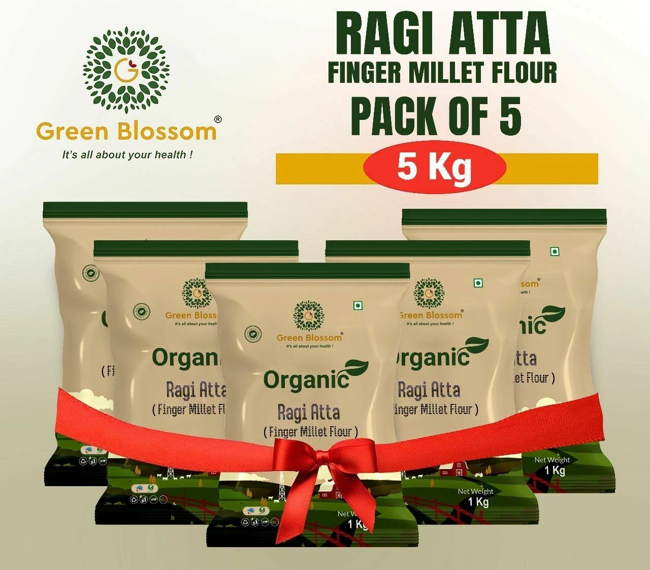 Organic Ragi Atta / Finger Millet Flour - 5 Kg (1 Kg, Pack of 5) I Green Blossom-RVTZAGH8C0