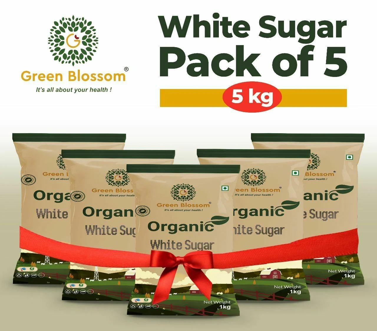 Organic White Sugar (Sulpherless) - 5 Kg (1 Kg, Pack of 5) I Green Blossom-RVXFMMVLV9