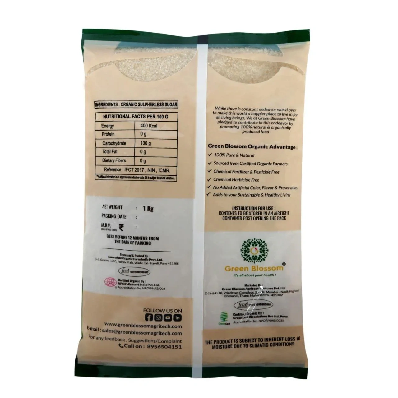 Organic White Sugar (Sulpherless) - 5 Kg (1 Kg, Pack of 5) I Green Blossom-5kg-3