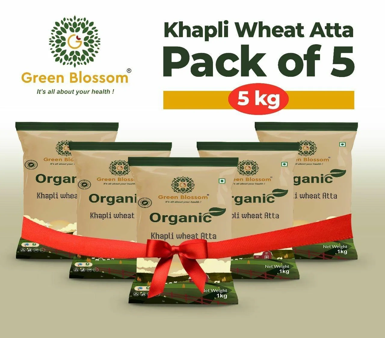 Organic Khapli / Emmar Wheat Flour/ Atta ( Stone Grind) - 5 Kg ( Kg, Pack of 5) IGreen Blossom I Low Glycaemic Index-RVCGRNMI0S