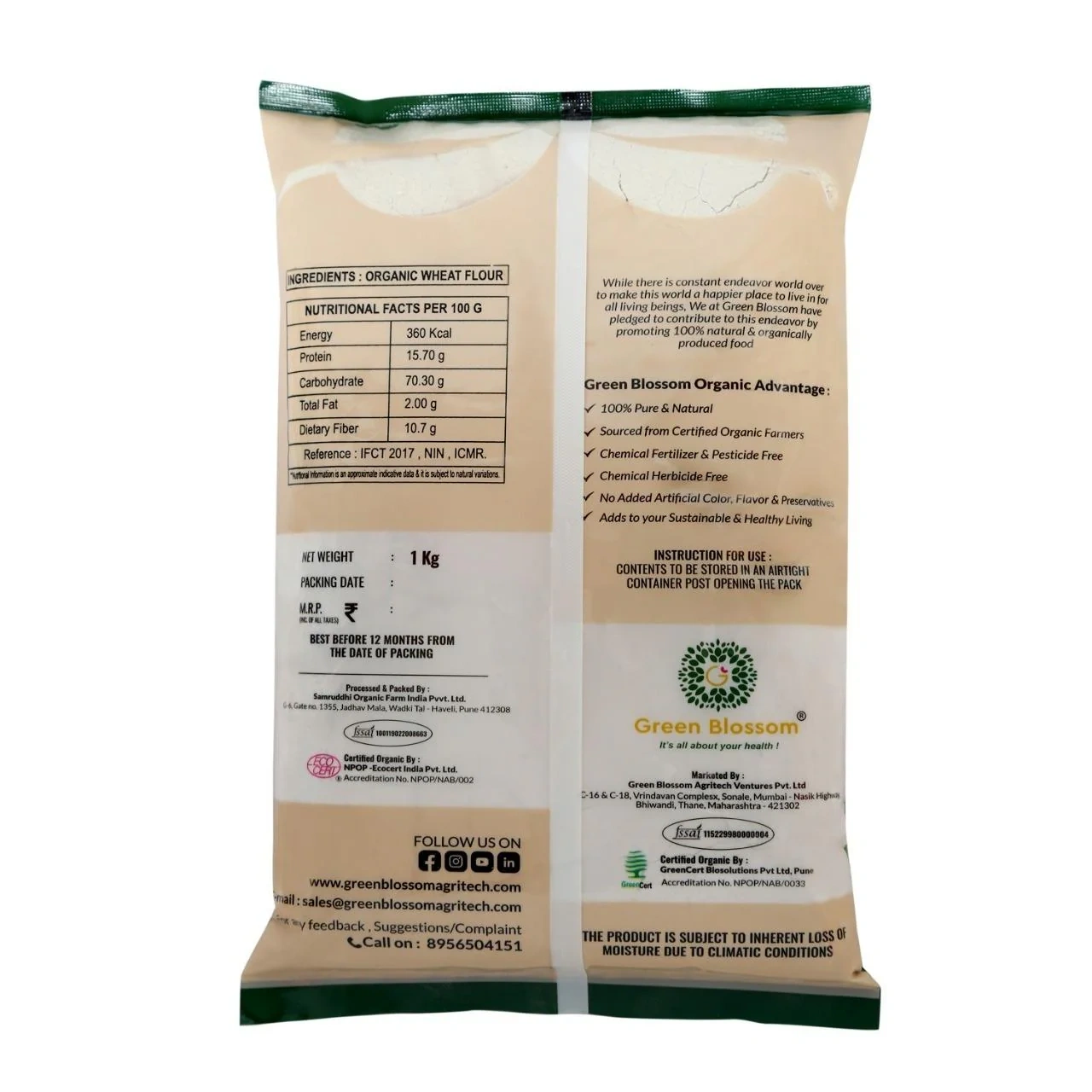 Organic Khapli / Emmar Wheat Flour/ Atta ( Stone Grind) - 5 Kg ( Kg, Pack of 5) IGreen Blossom I Low Glycaemic Index-5kg-3