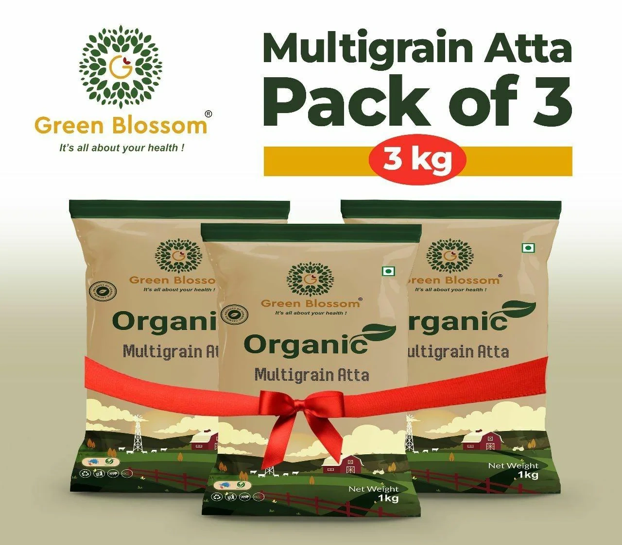 Organic Multigrain Flour / Atta - 3 Kg (1 Kg, Pack of 3) I Unpolished I Green Blossom-RVD2UJJPXP