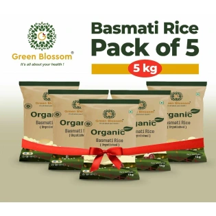 Organic Basmati Rice White - 5 Kg (1 Kg, Pack of 5) I Unpolished I Green Blossom