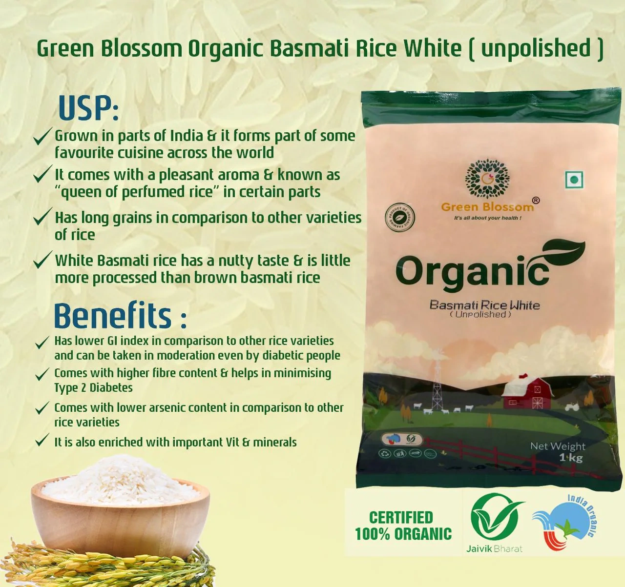 Organic Basmati Rice White - 5 Kg (1 Kg, Pack of 5) I Unpolished I Green Blossom-1