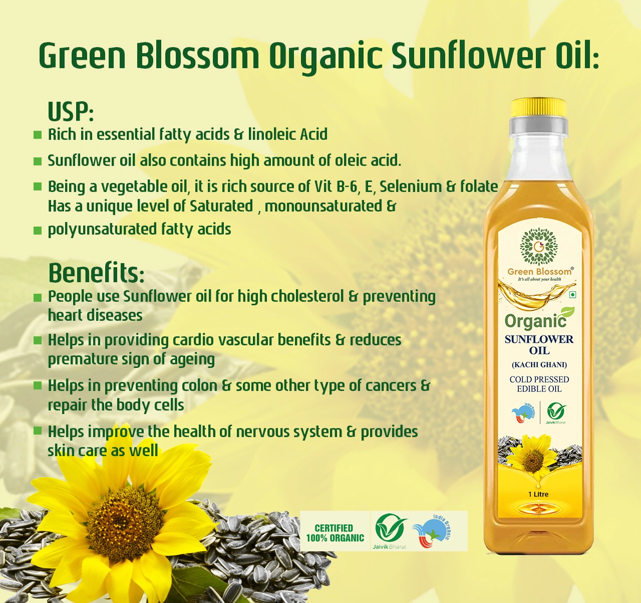 Organic Sunflower Oil ( Kachi Ghani) - 1 Ltr I Cold Press I Green Blossom-1L-5