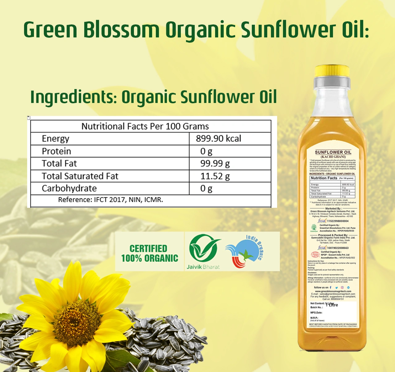 Organic Sunflower Oil ( Kachi Ghani) - 1 Ltr I Cold Press I Green Blossom-1L-6