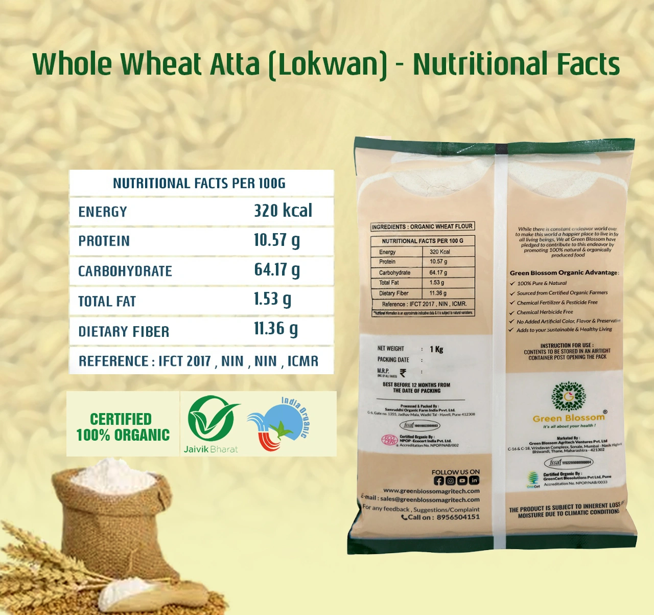 Organic Whole Wheat Flour / Chakki Atta - 1 Kg ( Pack of 1)-1kg-7