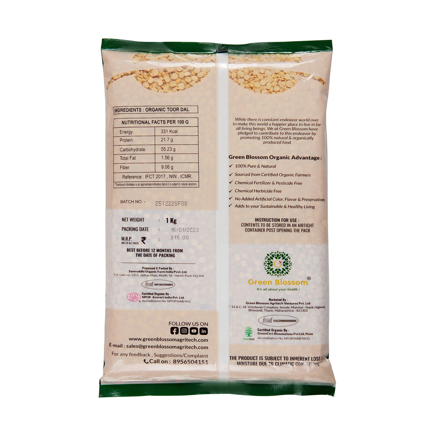 Organic Toor Dal /Arhar Dal / Split Pigeon Pea - 1Kg ( Pack of 1) I Green Blossom-1kg-9