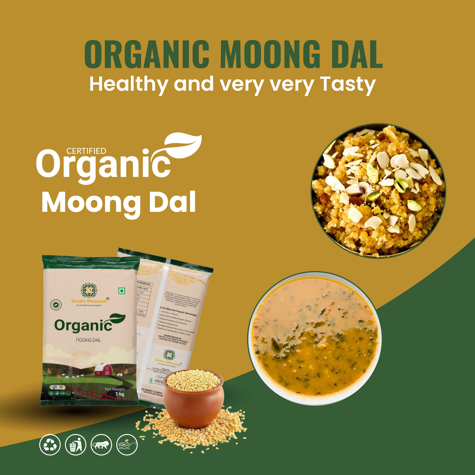 Moong Dal / Split Green Gram (Skin Less) - 1 Kg ( Pack of 1) I Green Blossom-1Kg-11