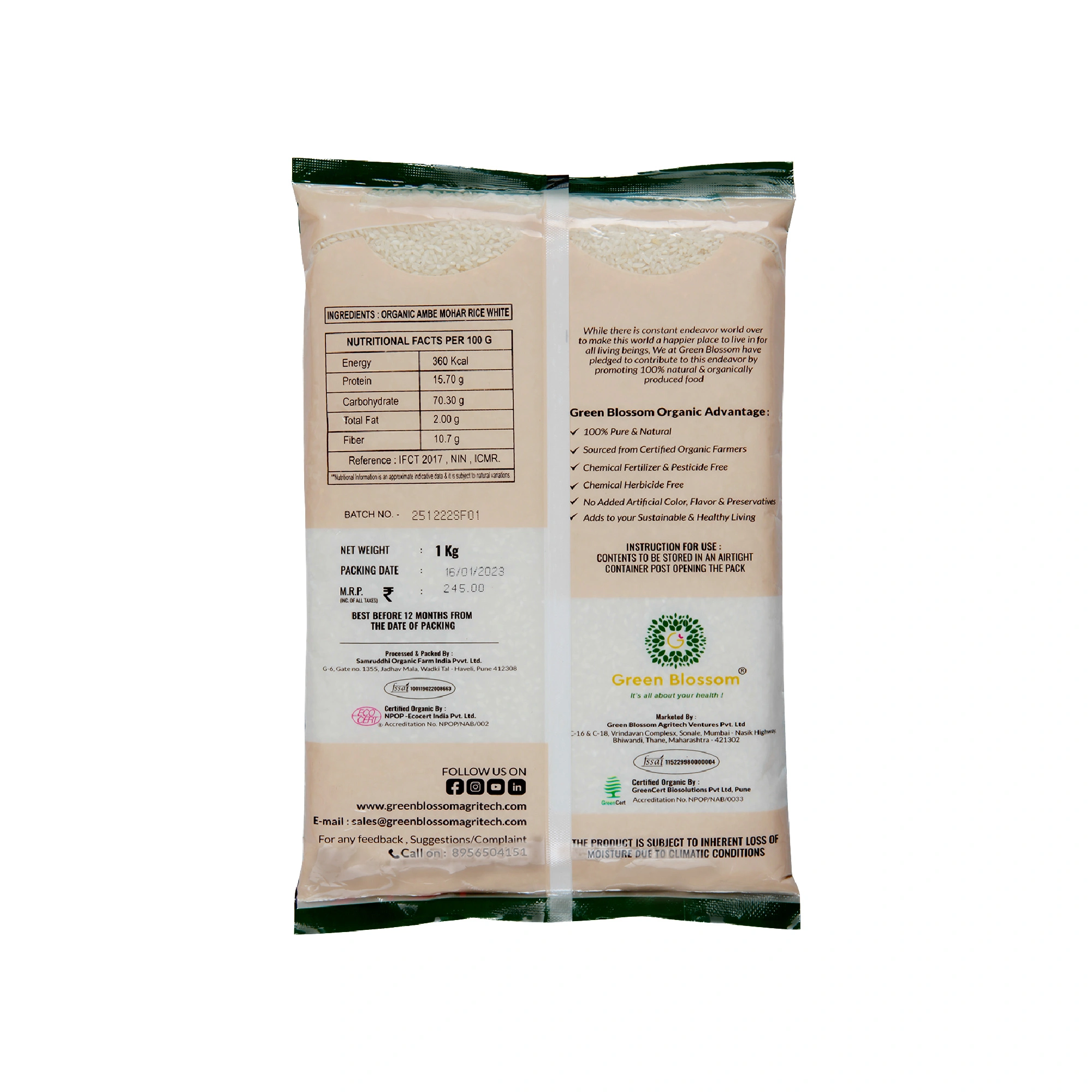 Organic Ambe Mohar Rice -  1 Kg (Pack of 1) I Green Blossom-1Kg-4