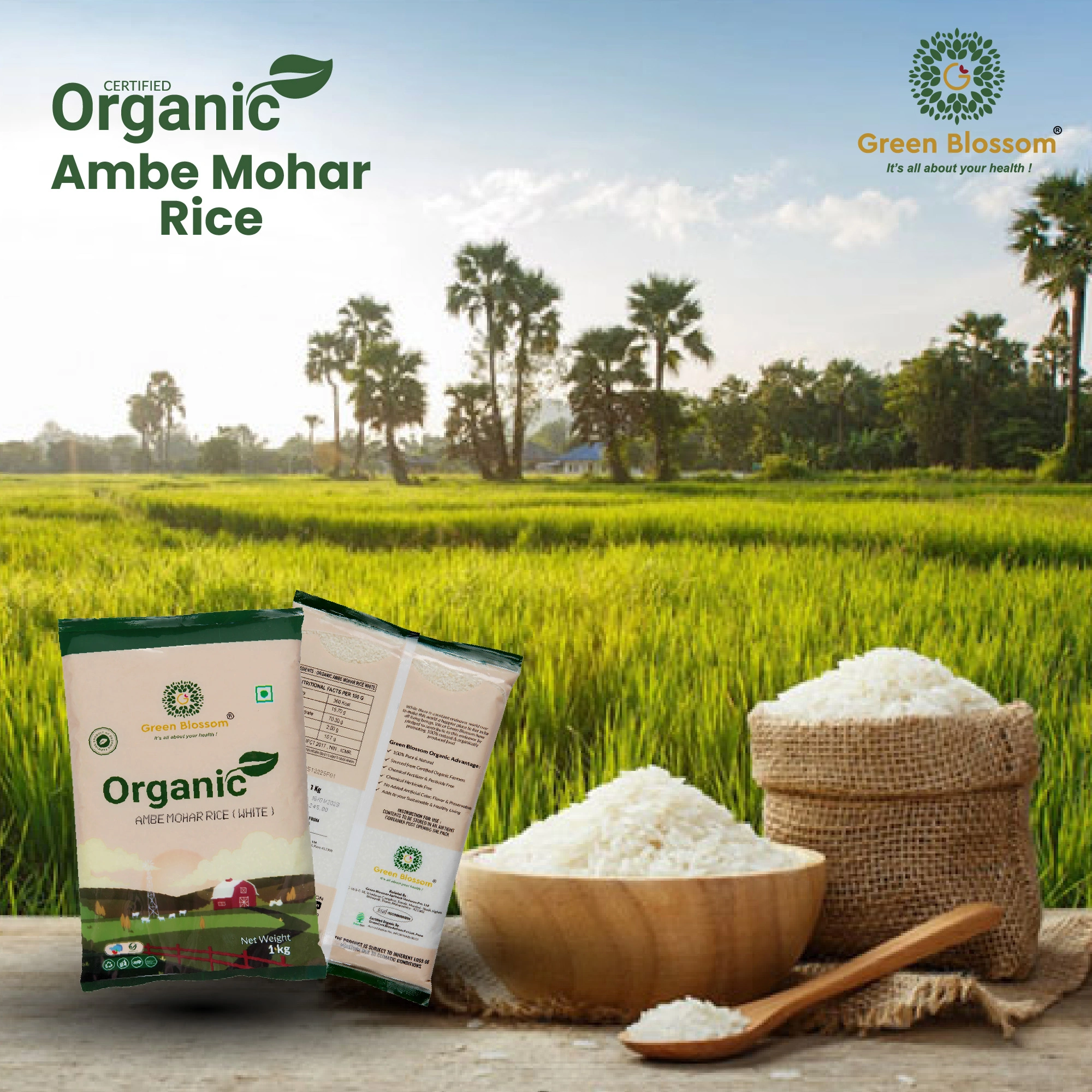 Organic Ambe Mohar Rice -  1 Kg (Pack of 1) I Green Blossom-1Kg-5