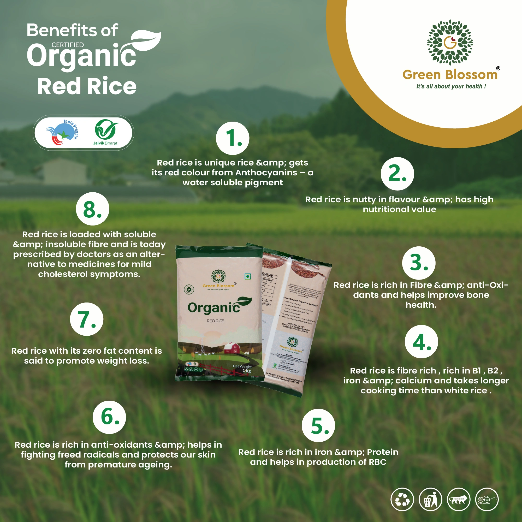 Organic Red Rice - 1 Kg (Pack of 1) I Green Blossom-1Kg-6