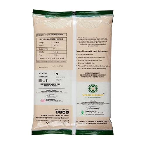 Organic Sona Masoori Rice (White) - 1Kg (Pack of 1) I Green Blossom-1Kg-2