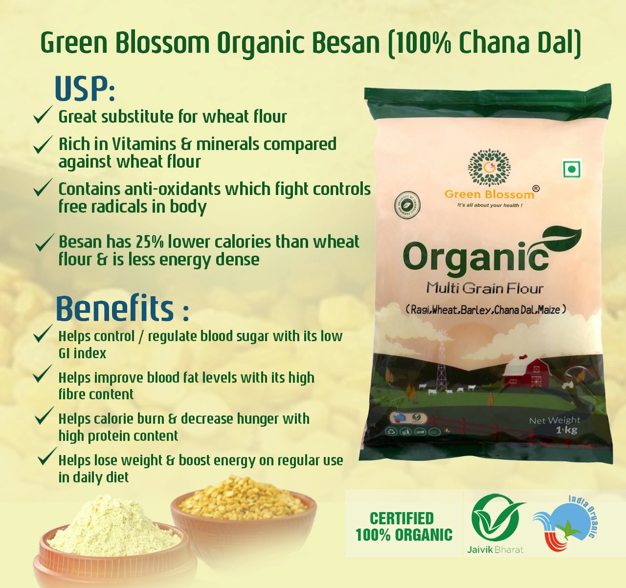 Organic Besan - 500g ( Pack of 1) I 100% Vegan I Gluten Free I Soaks very Less Oil I Green Blossom-500g-6