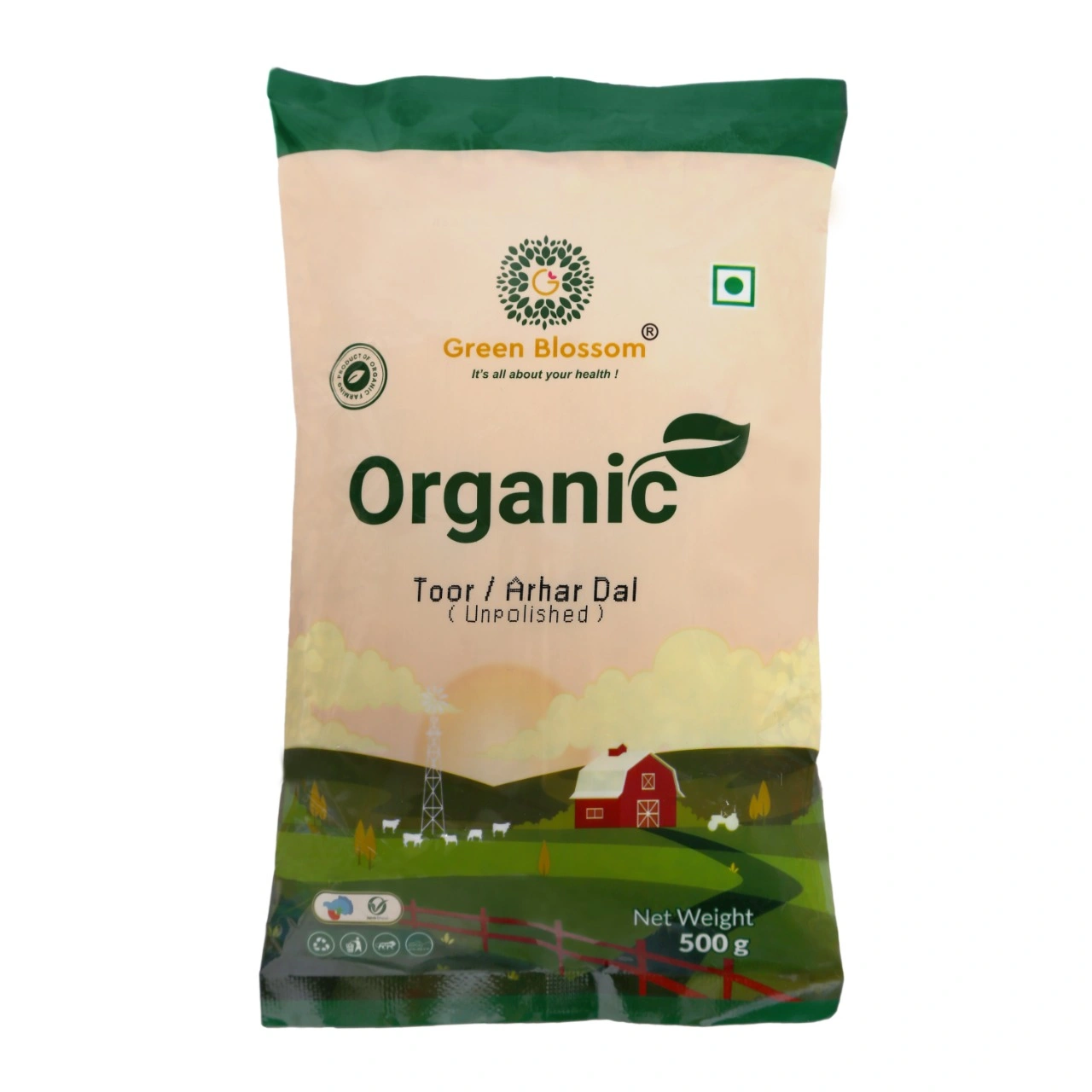 Organic Toor Dal /Arhar Dal / Split Pigeon Pea - 500g ( Pack of 1) I Green Blossom-ToorDal500g