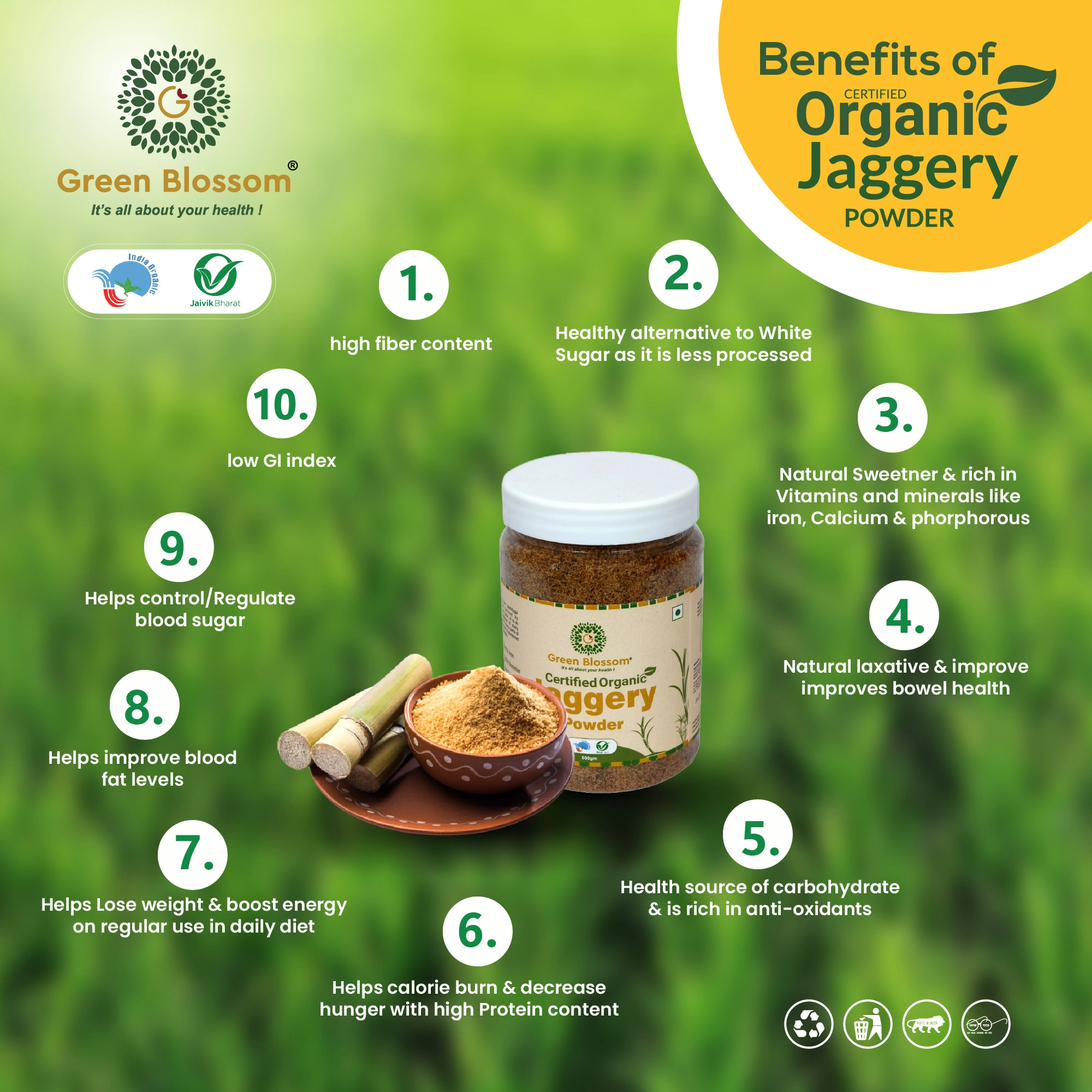 Organic Jaggery Powder - 500g ( Pack of 1) I Green Blossom-500g-2