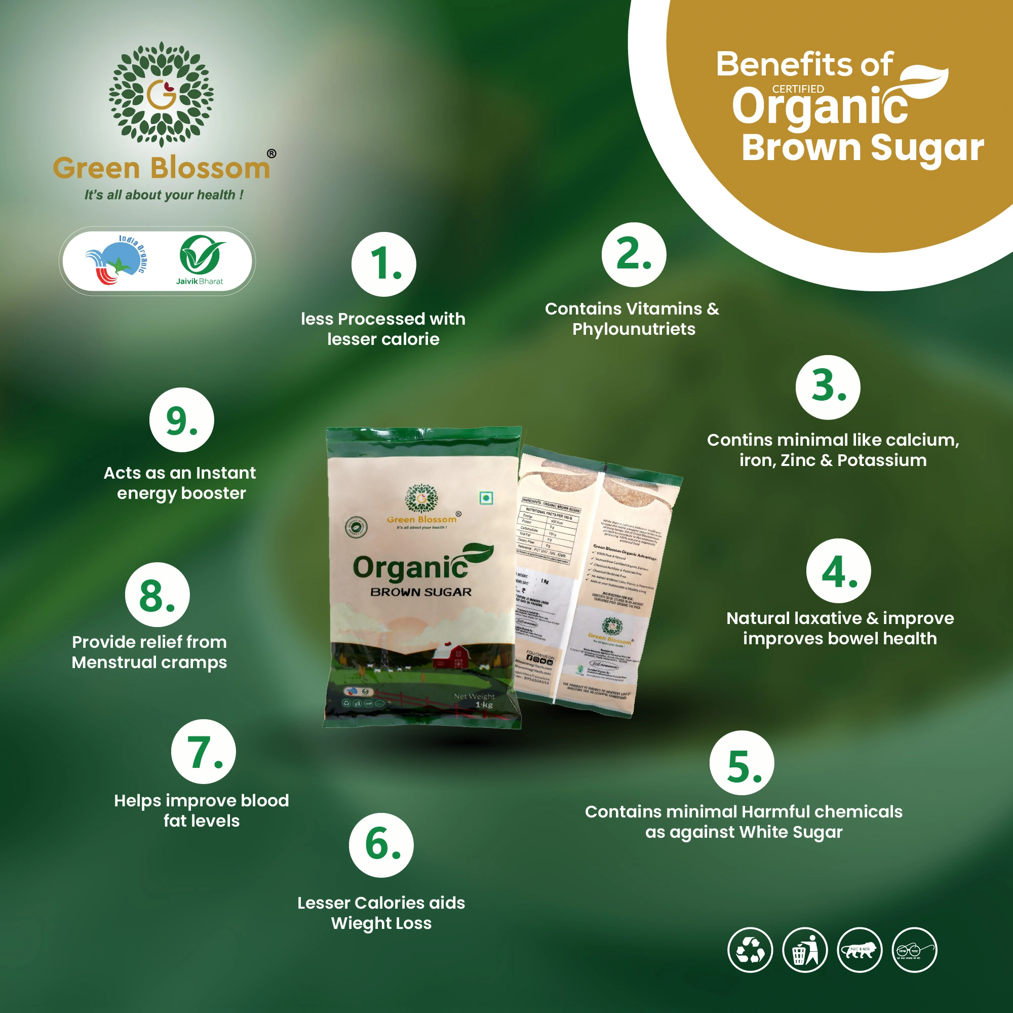 Organic Brown Sugar - 500g (Pack of 1) I Green Blossom-500g-3