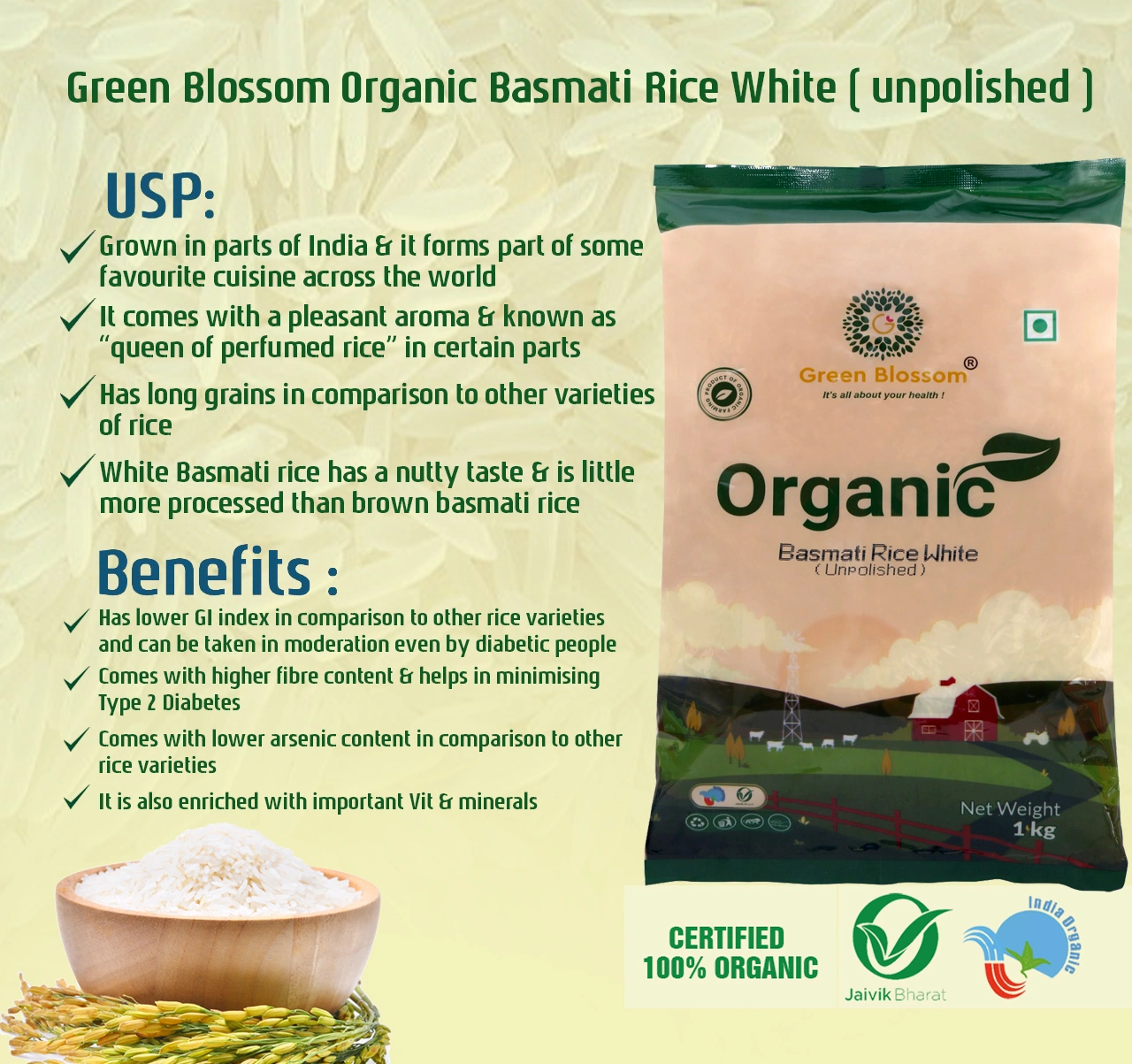 Organic Basmati Rice White - 1 Kg ( Pack of 1) I Green Blossom I Unpolished-1kg-6